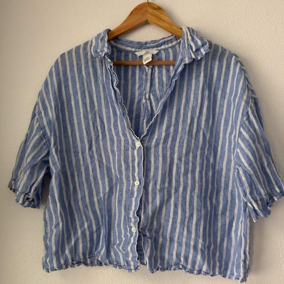 H&M Linen Top Womens L Blue & White Striped Button Front Oversized Beachy - Picture 1 of 9